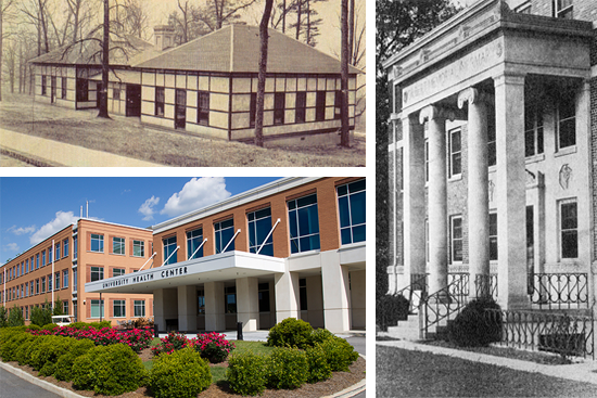 University Health Center buildings in 1917, 1943, and today
